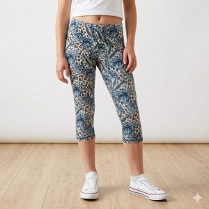 Ženske capri tajice s egzotičnim uzorkom plavih palminih listova i leopard printa, uparene s bijelim sportskim tenisicama na svijetloj pozadini.